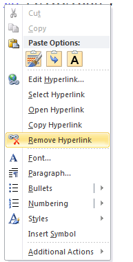 shortcut for remove hyperlink in word